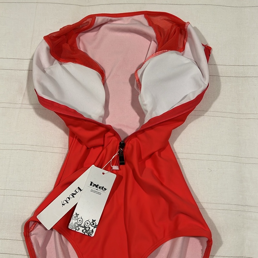 Coral/Pink Swimsuit One Piece Mesh Cap Sleeves Front Zipper Built In Bra - Picture 4 of 12